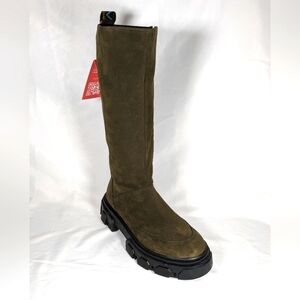 New Farm RIO Boot Lug Sole Army Vegan Suede Tall Knee Side Zip Boots Size 8.5